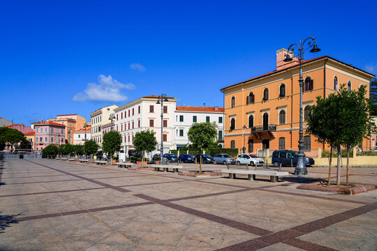 Piazza Umberto I in La Maddalena, capital city of the eponym archipelago located in the Mediterranean Sea in north-east of Sardinia, Italy