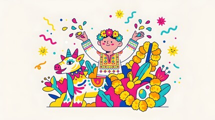 Fototapeta premium Happy person celebrating Songkran water festival in Thailand with traditional flower garland and colorful unicorn