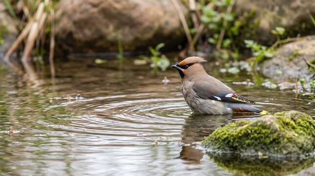 Bohemian Waxwing bird in water with ripples