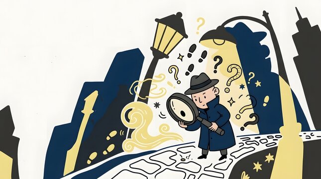 Detective holding magnifying glass investigating clues and question marks on city street at night