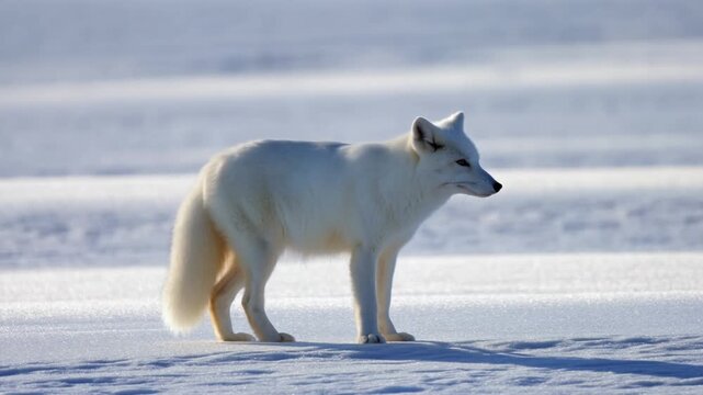 Tracking shot of arctic fox walking across snowy tundra plain with head turning and subtle gait shift in cold daylight