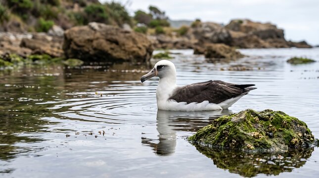 Salvin albatross floating on calm coastal water near rocky shore
