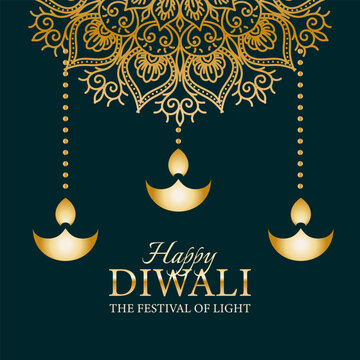 Happy Diwali, Festival of Lights greeting card with glowing diya lamp. Festive background, web banner, poster, social media