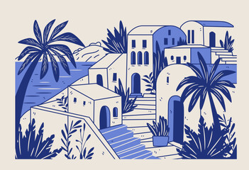 Obraz premium Mediterranean travel postcard Greek island village architecture blue sea palm trees stairs lush plants scenic coastal landscape banner