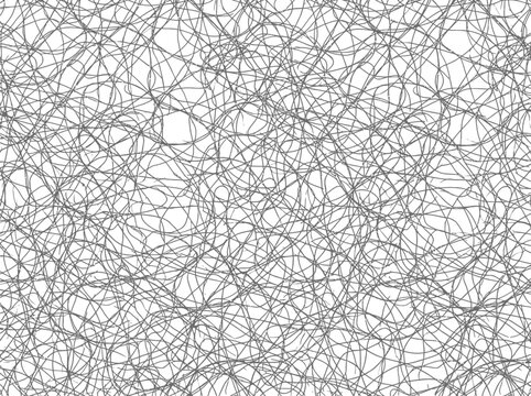 Intricate tangled wire scribble pattern with messy curved lines over gray checkered background.