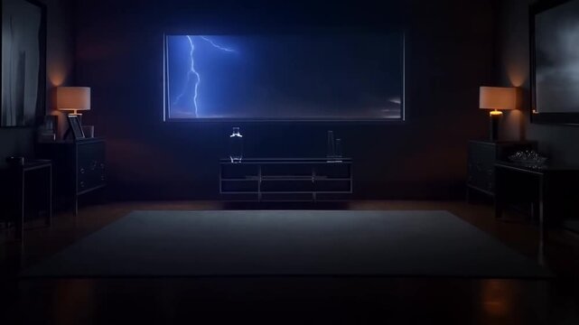 Static shot lightning flashing across window illuminating dark modern living room interior with reflective surfaces and bedside lamps