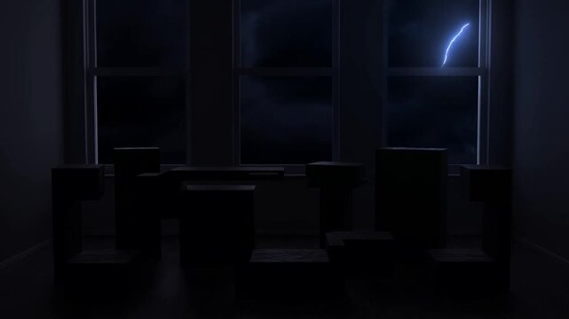 Static shot of lightning strike illuminating stacked cardboard boxes inside dark empty room through window at night during storm