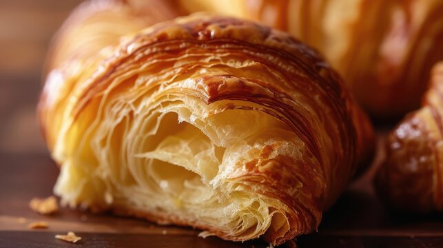 Croissant sits freshly baked on a rustic wooden table with soft lighting highlighting its flaky texture.