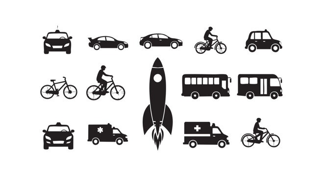 Mixed mobility collection with bicycles passenger cars ambulance vans shuttle buses and space rocket on white background.