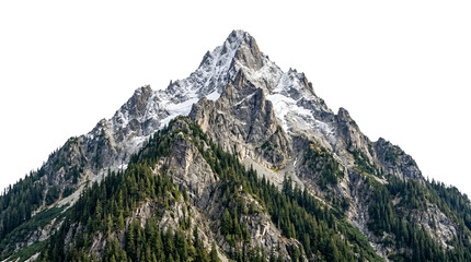 Majestic rocky mountain peak covered in snow with pine forest base isolated on transparent background. © Png ProTeam