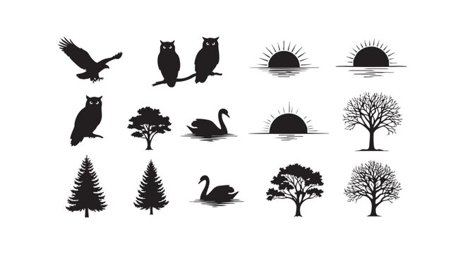 Natural elements silhouettes including various birds like an eagle, owls, and swans, along with different trees and sunrises.
