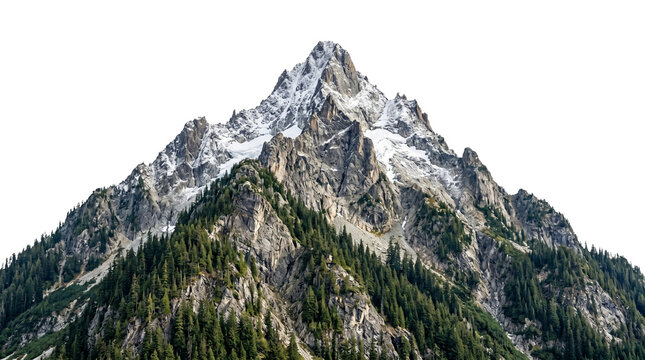 Majestic rocky mountain peak covered in snow with pine forest base isolated on transparent background.