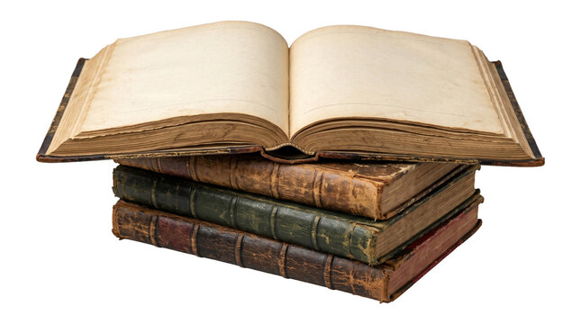 Stack of old vintage books with pages open isolated on transparent background png file graphic asset item.