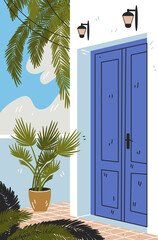 Obraz premium Mediterranean coastal resort blue door palm trees sunlit terrace white building potted plant outdoor lamps summer travel