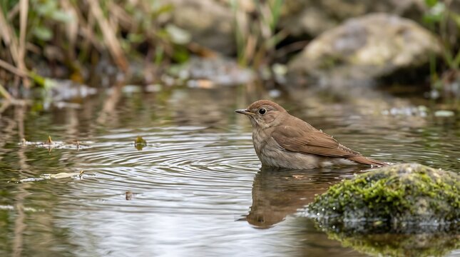 Small brown bird bathing in a forest stream