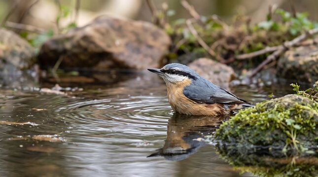 Eurasian nuthatch bathing in a forest pond