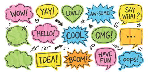Set of colorful hand drawn speech bubbles with text and doodles for comic book style graphic design elements © ZenVectors