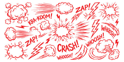 Set of colorful comic book explosion and action sound effect elements with dynamic speed lines and text bubbles © ZenVectors