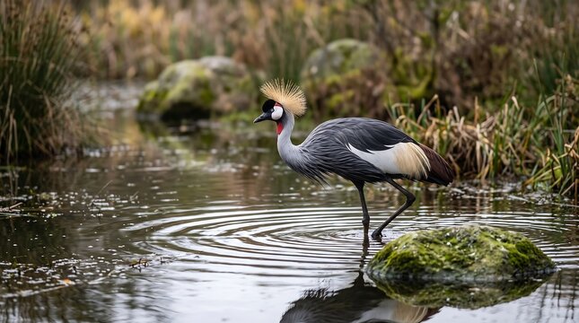 Grey crowned crane standing in a pond