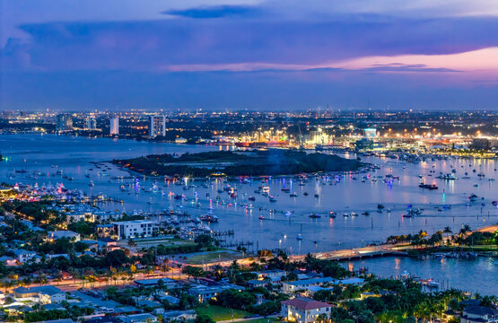aerial view of fireworks over Intracoastal and Peanut Island
