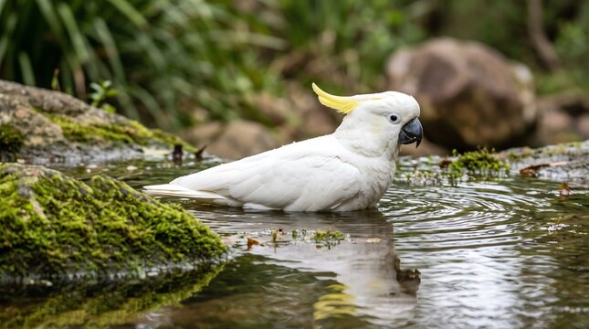 Sulphur crested cockatoo bathing in a forest stream