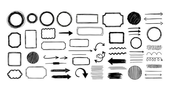 Hand drawn doodle frame and arrow set, black ink sketch border collection, decorative pencil stroke shapes for bullet journals and planners