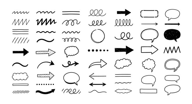 Hand drawn arrow and speech bubble vector set, black doodle line strokes and underline elements, 50 sketch design icons for presentation