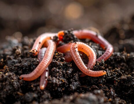 A close-up of several pinkish-red, segmented worms on dark, moist soil