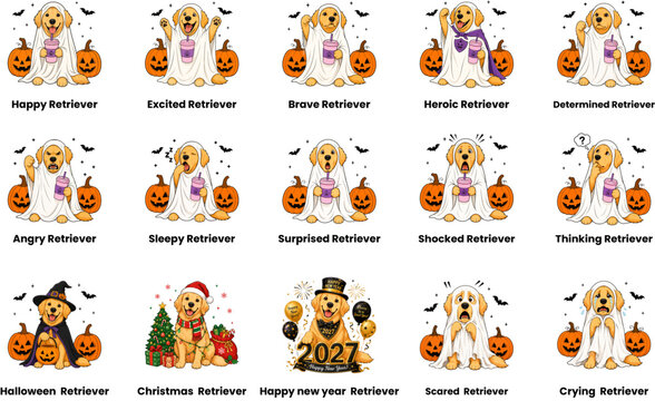 Golden Retriever dog in various costumes and holiday themes with pumpkins .