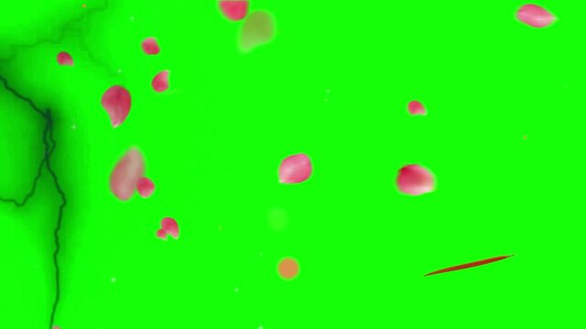 Dynamic animation of falling pink rose petals and orange leaves with blue lightning bolts on a bright green chroma key background with falling gently while bolts flash
