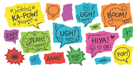 Set of colorful hand drawn comic speech bubbles with funny expressions and action words for graphic design © ZenVectors