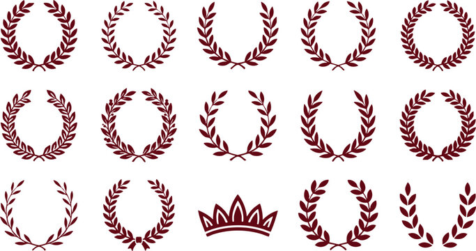 Burgundy Laurel Wreaths and Crown on White Background