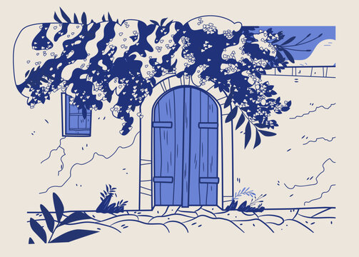 Andalusia Spain traditional house door Mediterranean flowers rustic stone wall blue color palette architectural landscape template