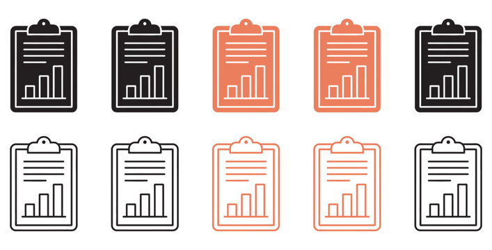 A collection of clipboard icons featuring a bar graph chart and lines on transparent background