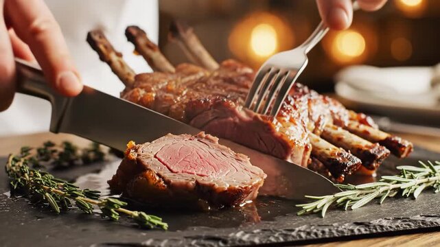 Chef carving a juicy roasted rack of lamb. Slicing medium-rare meat for a gourmet dinner. Fine dining and culinary preparation