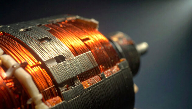 Electric Motor Coil Detail: Extreme close-up of an electric motor's copper wire coil, showcasing intricate windings and metallic components, hinting at the power and technology within.