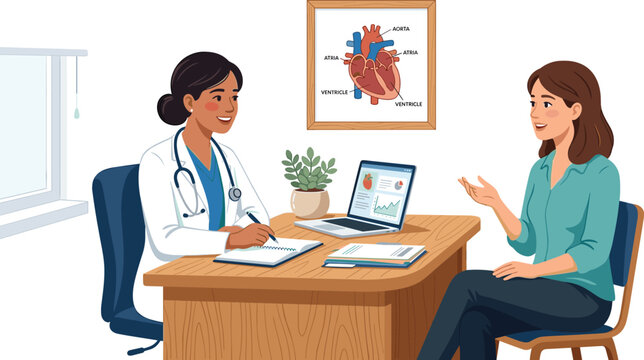 Female Cardiologist Consulting Woman Patient in Medical Office Clinic Room for Cardiovascular Health and Heart Disease Treatment Concepts Vector Illustration