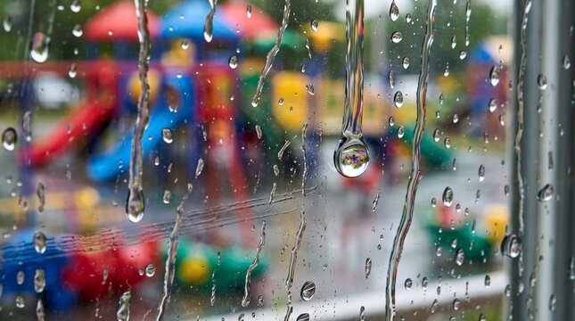 Macro photo of raindrops racing down glass window showing glass object showing pure transparent material light reflection refraction and smooth polished edges with professional studio lighting