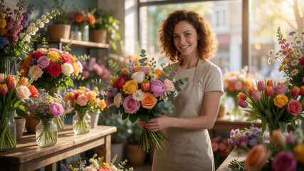 Fototapeta premium Eine junge Floristin bindet in einem lichtdurchfluteten Blumenladen einen prachtvollen Hochzeitsstrauß, umgeben von unzähligen frischen Blumen und stilvoller Dekoration.KI Generiert