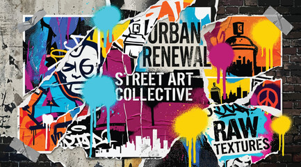 Urban renewal street art collective poster collage with spray paint textures and ripped paper © S.Siam