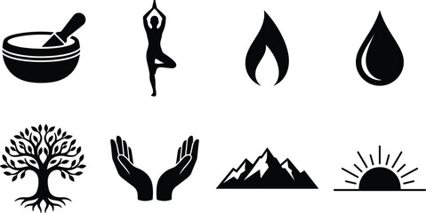 Fototapeta premium Black Silhouette Icons of Wellness, Nature, and Balance Elements