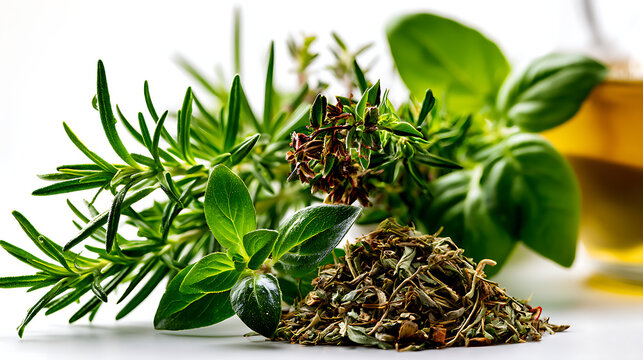 Still life of fresh and dried aromatic herbs arranged on a natural wooden cutting board.
