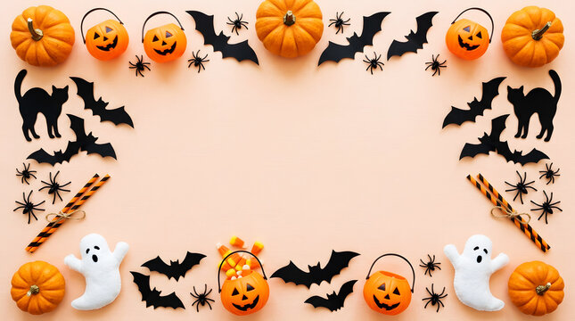 Vibrant orange autumn leaves, pumpkins, and black crows on beige background