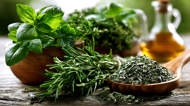 fresh and dried aromatic herbs laid out on a natural wooden cutting board