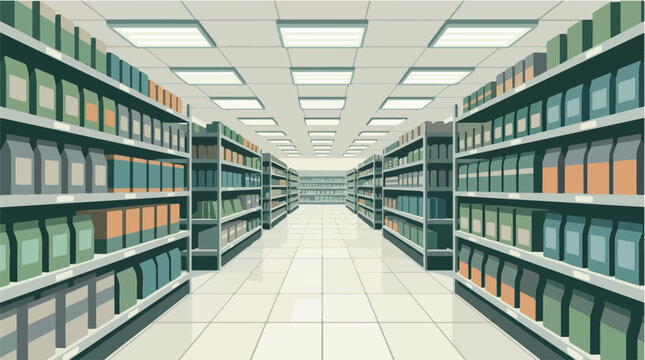 Empty supermarket grocery store aisle with product shelves.
