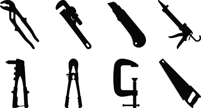 Hand Tools Silhouette Collection with Pliers, Pipe Wrench, Saw, Clamp and Utility Knife