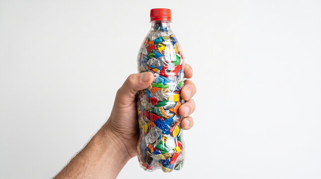 Hand holding colorful ecobrick for sustainable waste management and recycling campaign on white background 