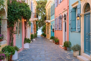Obraz premium Mediterranean street: colorful houses, plants, warm lanterns at summer dusk