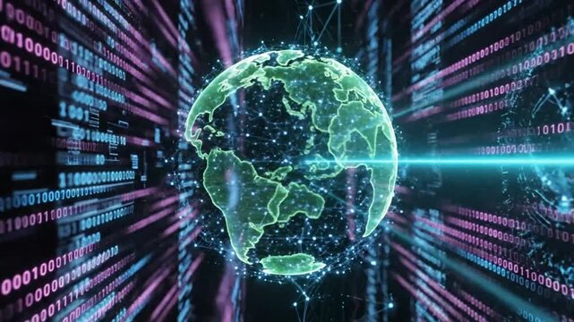 Digital globe with data network connections and binary code flowing around the world, global communication, internet