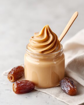Swirled dollop of homemade date paste in glass jar with wooden spoon for product photography and packaging background for bakery, dessert and healthy spread design